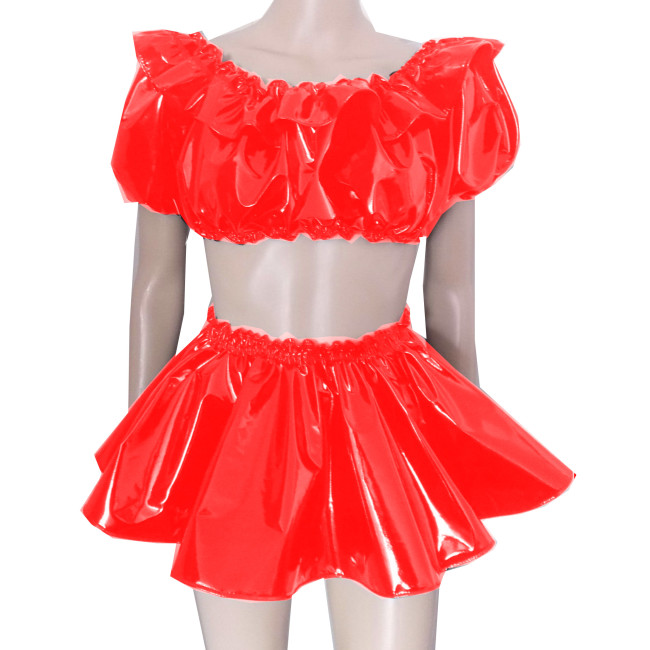 Fashion Shiny PVC Womens Two-Piece Dress Sets Female Solid Scoop Neck Short Puff Sleeve Croped Top High Waist A-line Skirt Suit