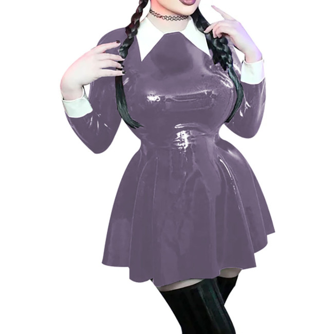 Women Preppy Style Mini Dress Office Lady Long Sleeve Waist A-line Party Dress Shiny PVC Turn-down Collar High Street Dresses