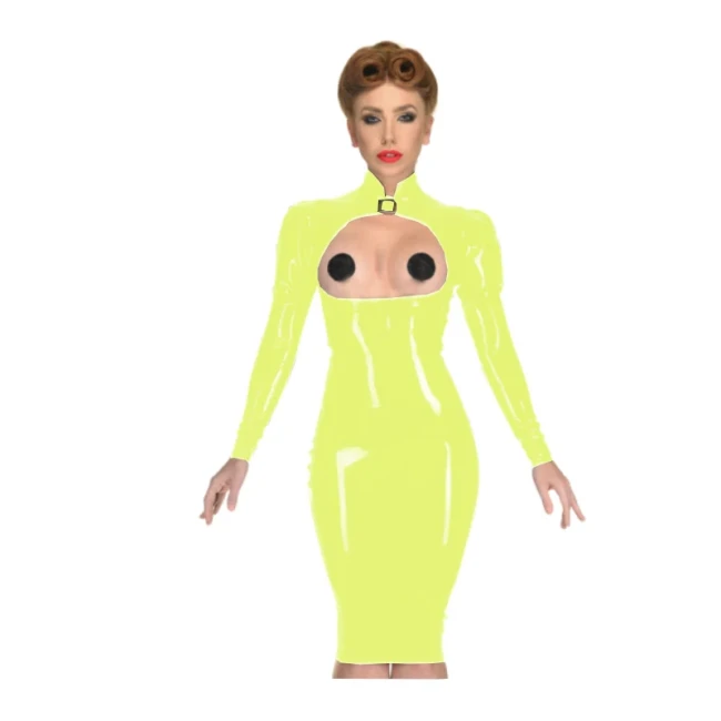 Erotic Sexy Open Cup Bodycon Dress Wetlook PVC Leather Long Sleeve Knee-length Dress Glossy Open Crotch Dress Plus Size Clubwear