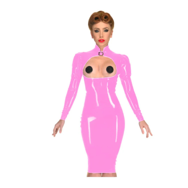 Erotic Sexy Open Cup Bodycon Dress Wetlook PVC Leather Long Sleeve Knee-length Dress Glossy Open Crotch Dress Plus Size Clubwear