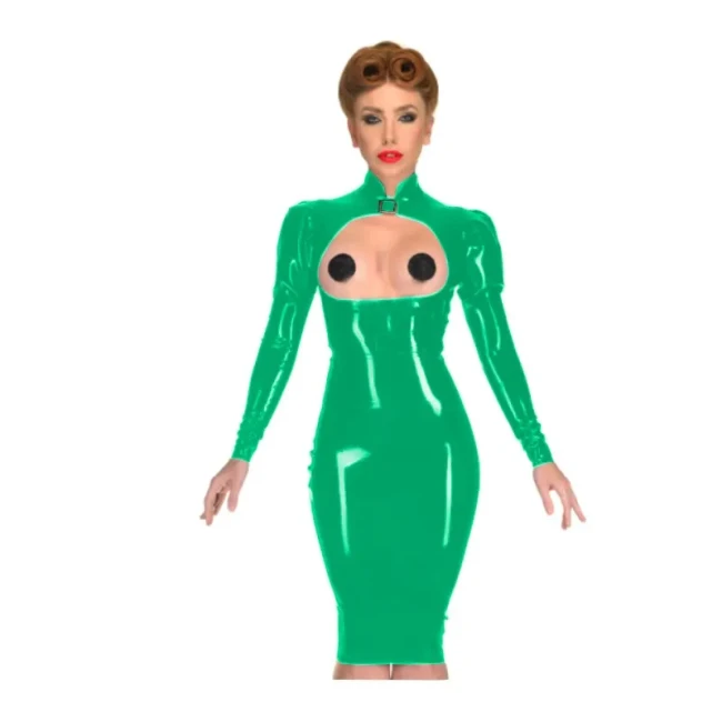 Erotic Sexy Open Cup Bodycon Dress Wetlook PVC Leather Long Sleeve Knee-length Dress Glossy Open Crotch Dress Plus Size Clubwear