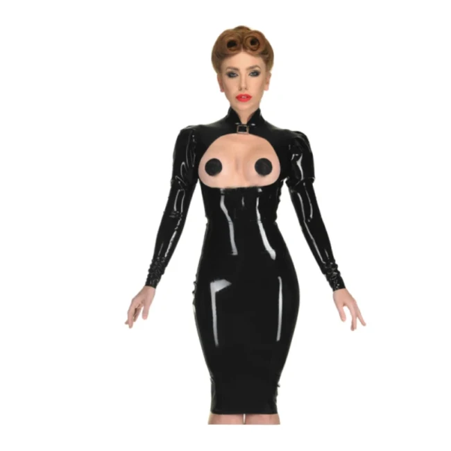 Erotic Sexy Open Cup Bodycon Dress Wetlook PVC Leather Long Sleeve Knee-length Dress Glossy Open Crotch Dress Plus Size Clubwear