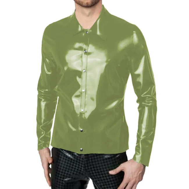 Mens Wetlook PVC Leather Tee Lapel Long Sleeves Tops Front Single-breasted Blouse Male Simple Business Commuting Style Clothes