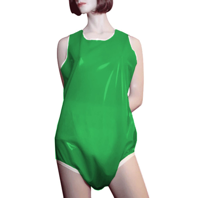 Unisex Smoothing PVC Leather Sleeveless Rompers Halloween Party Cosplay Loose Diaper Pants Bodysuit Wetlook High Cut Catsuit 7XL