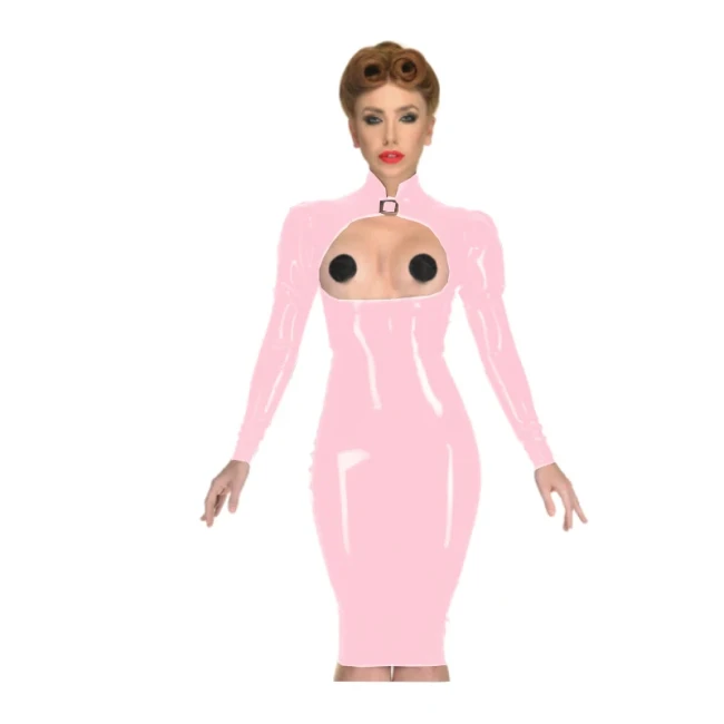 Erotic Sexy Open Cup Bodycon Dress Wetlook PVC Leather Long Sleeve Knee-length Dress Glossy Open Crotch Dress Plus Size Clubwear
