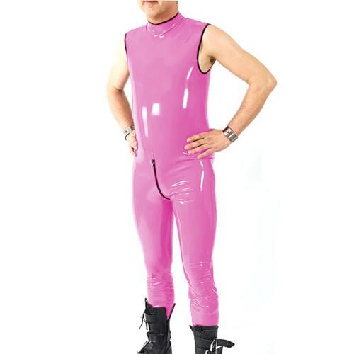 Sexy Button Open Crotch Rompers Halloween Party Cosplay Mens Catsuit Sleeveless PVC Leather Jumpsuit Clubwear Slim Bodysuit 7XL