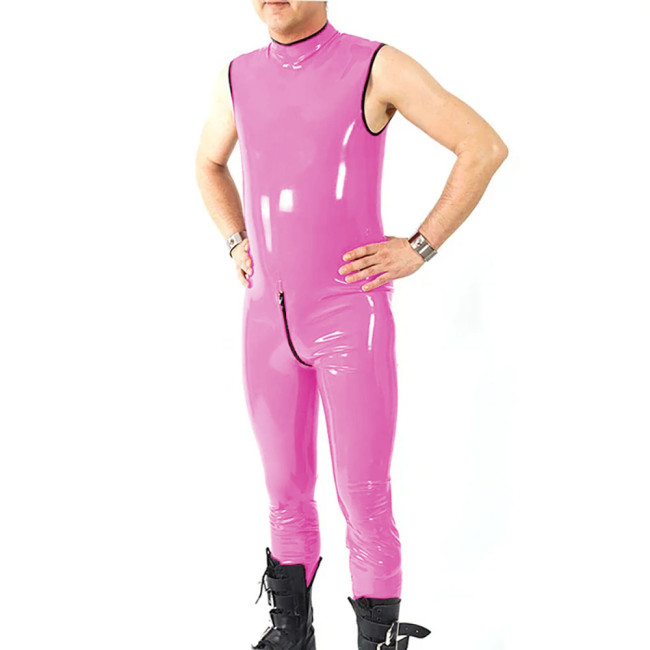 Sexy Button Open Crotch Rompers Halloween Party Cosplay Mens Catsuit Sleeveless PVC Leather Jumpsuit Clubwear Slim Bodysuit 7XL