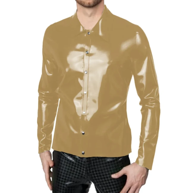 Mens Wetlook PVC Leather Tee Lapel Long Sleeves Tops Front Single-breasted Blouse Male Simple Business Commuting Style Clothes