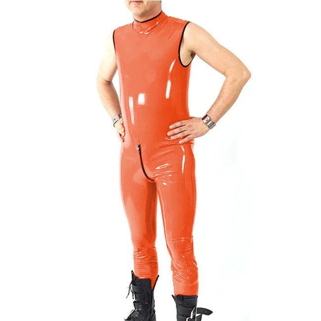 Sexy Button Open Crotch Rompers Halloween Party Cosplay Mens Catsuit Sleeveless PVC Leather Jumpsuit Clubwear Slim Bodysuit 7XL