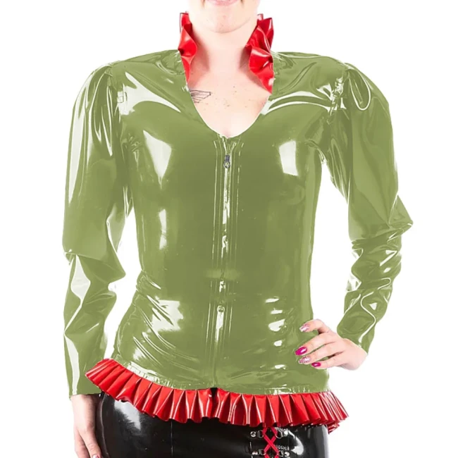 Women Ruffles V-neck Smooth PVC Leather Jackets for Nightclub Show Party Long Sleeve Female Front Short Back Long Coat Oversized