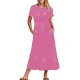 Female Elegant Scoop Neck Dress Short Sleeves Ankle Length Long Dress Ruffle Hem High Waist PU Leather Office Lady Daily Wear