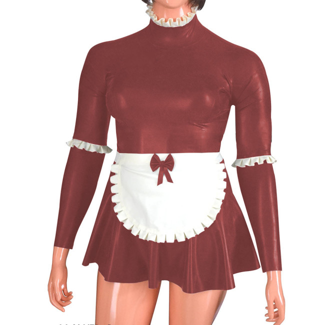 Long Sleeve Wetlook PVC French Maid Dress Outfits Raves Party Zippers Back Bows A-line Pleated Maid Uniform Plus Size Cosplay