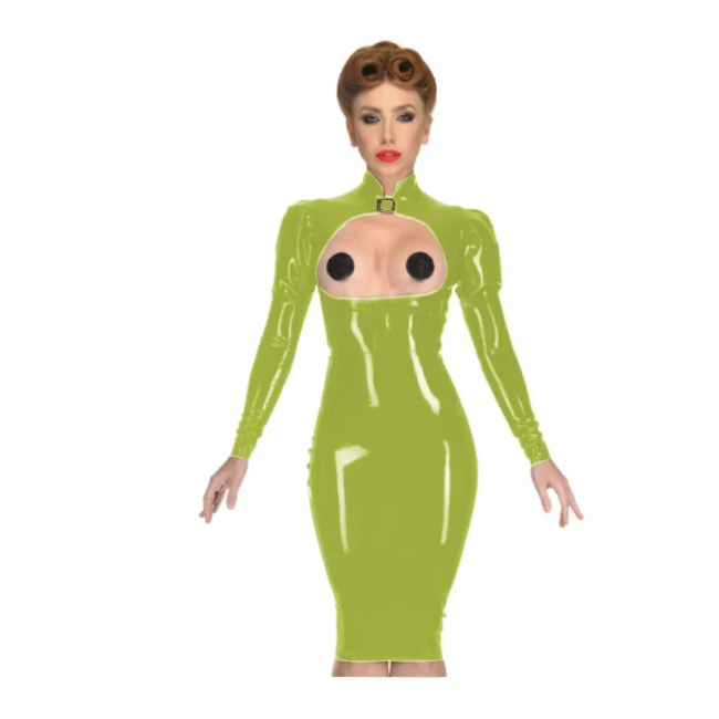 Erotic Sexy Open Cup Bodycon Dress Wetlook PVC Leather Long Sleeve Knee-length Dress Glossy Open Crotch Dress Plus Size Clubwear