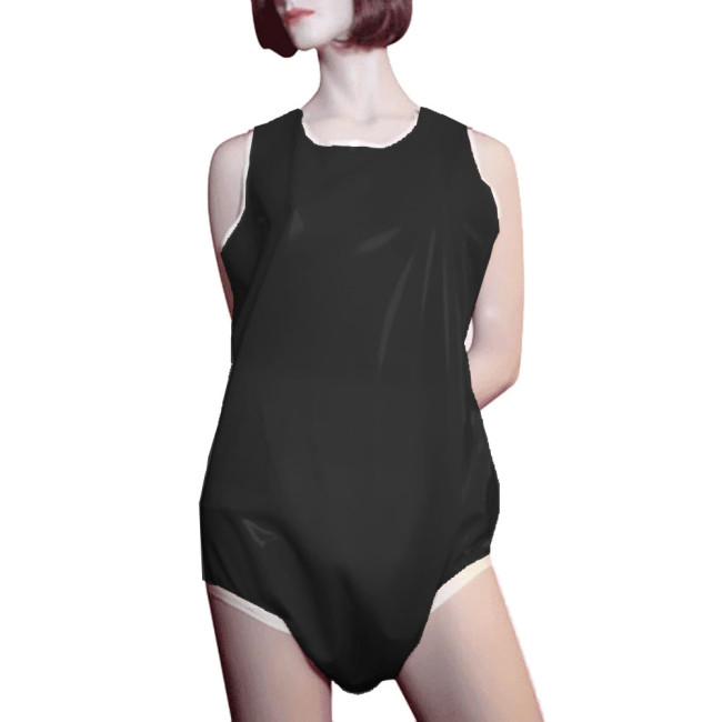 Unisex Smoothing PVC Leather Sleeveless Rompers Halloween Party Cosplay Loose Diaper Pants Bodysuit Wetlook High Cut Catsuit 7XL