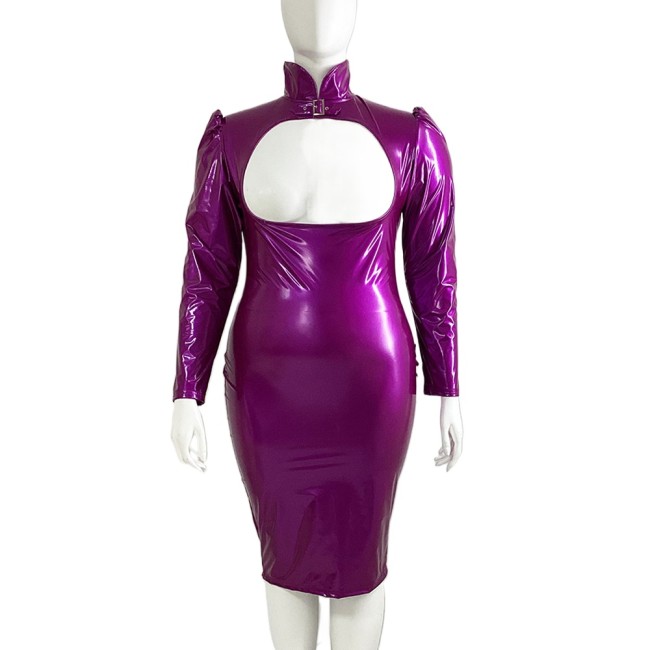 Erotic Sexy Open Cup Bodycon Dress Wetlook PVC Leather Long Sleeve Knee-length Dress Glossy Open Crotch Dress Plus Size Clubwear