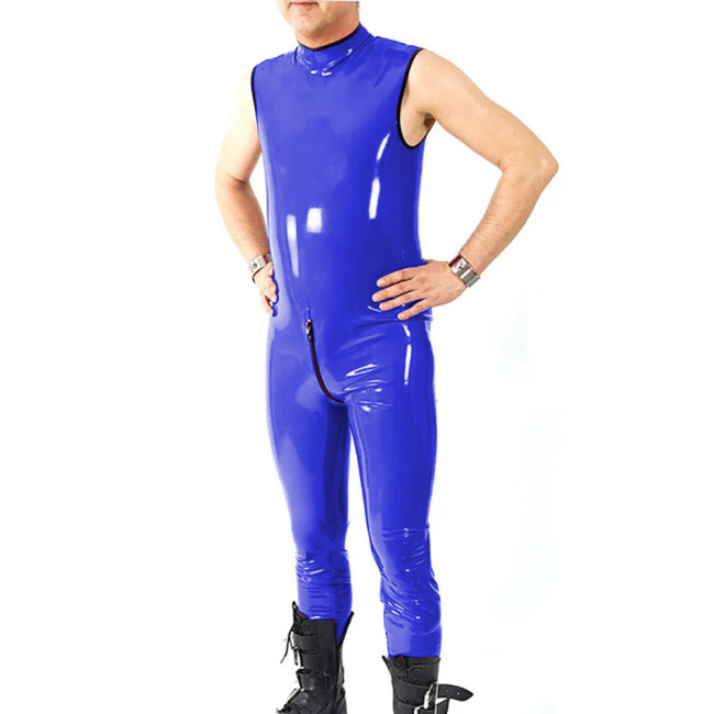 Sexy Button Open Crotch Rompers Halloween Party Cosplay Mens Catsuit Sleeveless PVC Leather Jumpsuit Clubwear Slim Bodysuit 7XL
