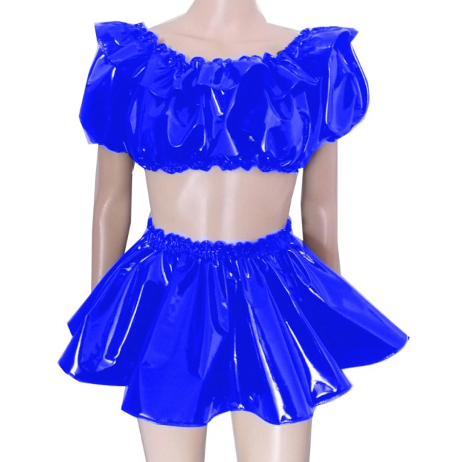 Fashion Shiny PVC Womens Two-Piece Dress Sets Female Solid Scoop Neck Short Puff Sleeve Croped Top High Waist A-line Skirt Suit