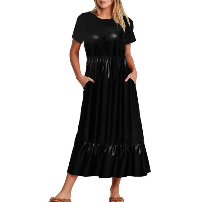 Female Elegant Scoop Neck Dress Short Sleeves Ankle Length Long Dress Ruffle Hem High Waist PU Leather Office Lady Daily Wear