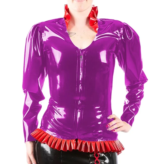 Women Ruffles V-neck Smooth PVC Leather Jackets for Nightclub Show Party Long Sleeve Female Front Short Back Long Coat Oversized