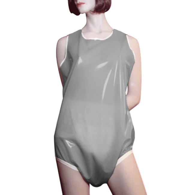 Unisex Smoothing PVC Leather Sleeveless Rompers Halloween Party Cosplay Loose Diaper Pants Bodysuit Wetlook High Cut Catsuit 7XL