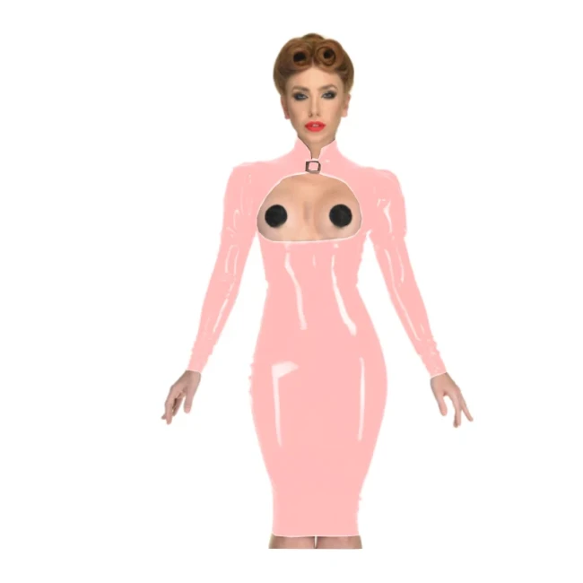 Erotic Sexy Open Cup Bodycon Dress Wetlook PVC Leather Long Sleeve Knee-length Dress Glossy Open Crotch Dress Plus Size Clubwear