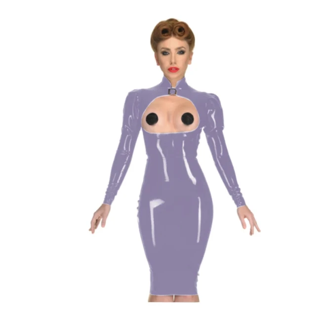 Erotic Sexy Open Cup Bodycon Dress Wetlook PVC Leather Long Sleeve Knee-length Dress Glossy Open Crotch Dress Plus Size Clubwear