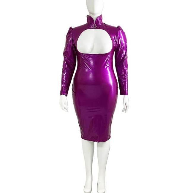 Erotic Sexy Open Cup Bodycon Dress Wetlook PVC Leather Long Sleeve Knee-length Dress Glossy Open Crotch Dress Plus Size Clubwear