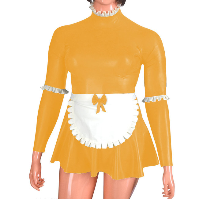 Long Sleeve Wetlook PVC French Maid Dress Outfits Raves Party Zippers Back Bows A-line Pleated Maid Uniform Plus Size Cosplay