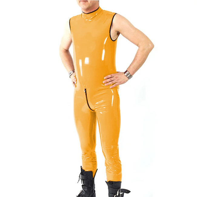 Sexy Button Open Crotch Rompers Halloween Party Cosplay Mens Catsuit Sleeveless PVC Leather Jumpsuit Clubwear Slim Bodysuit 7XL