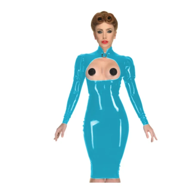 Erotic Sexy Open Cup Bodycon Dress Wetlook PVC Leather Long Sleeve Knee-length Dress Glossy Open Crotch Dress Plus Size Clubwear