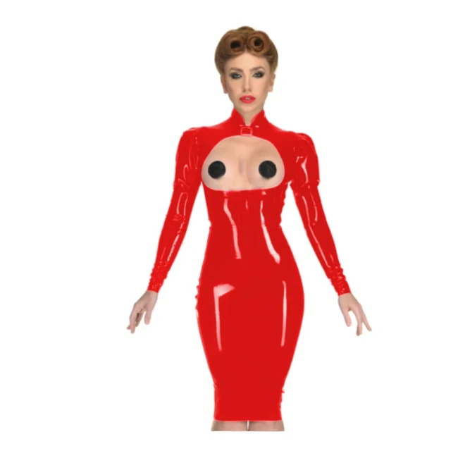 Erotic Sexy Open Cup Bodycon Dress Wetlook PVC Leather Long Sleeve Knee-length Dress Glossy Open Crotch Dress Plus Size Clubwear