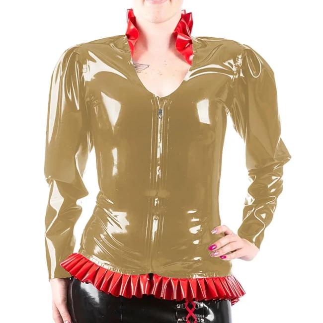 Women Ruffles V-neck Smooth PVC Leather Jackets for Nightclub Show Party Long Sleeve Female Front Short Back Long Coat Oversized