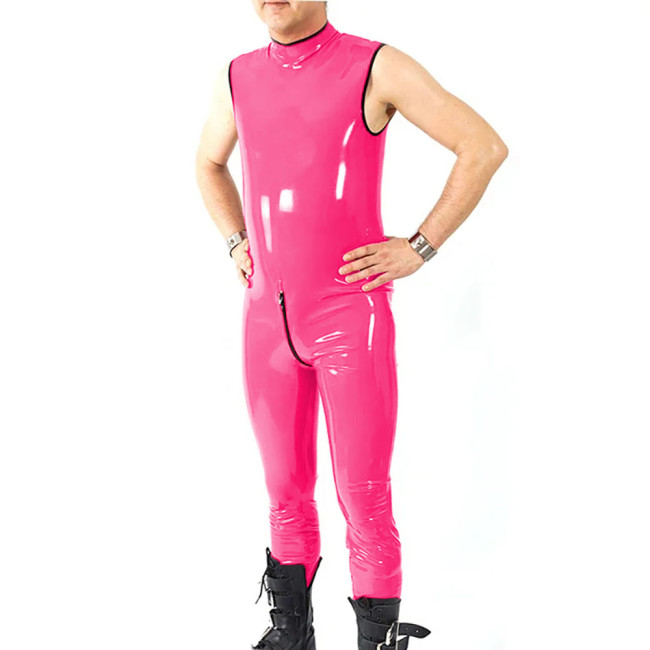 Sexy Button Open Crotch Rompers Halloween Party Cosplay Mens Catsuit Sleeveless PVC Leather Jumpsuit Clubwear Slim Bodysuit 7XL