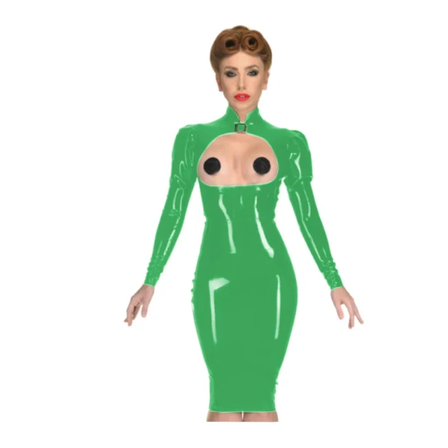 Erotic Sexy Open Cup Bodycon Dress Wetlook PVC Leather Long Sleeve Knee-length Dress Glossy Open Crotch Dress Plus Size Clubwear