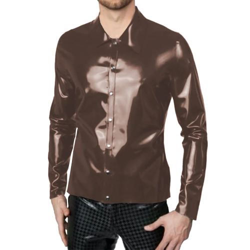 Mens Wetlook PVC Leather Tee Lapel Long Sleeves Tops Front Single-breasted Blouse Male Simple Business Commuting Style Clothes