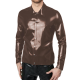 Mens Wetlook PVC Leather Tee Lapel Long Sleeves Tops Front Single-breasted Blouse Male Simple Business Commuting Style Clothes