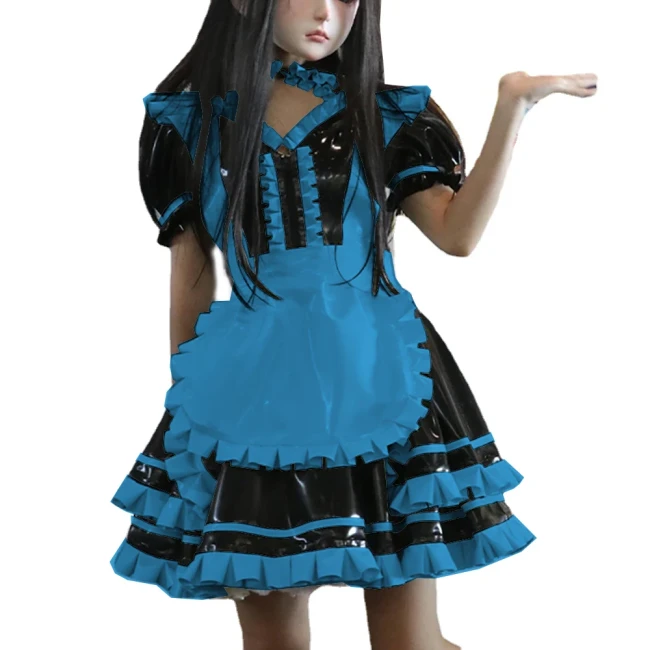 Wetlook PVC Leather Patchwork Lockable Sweet Short Puff Sleeve Lolita Ruffles Mini Maid Dress with Apron Cosplay Unifroms Unisex
