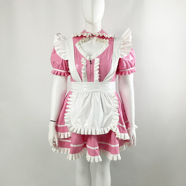 Lolita Short Puff Sleeve Maid Dress with White Apron Halloween Party Cosplay Pleated Maid Uniforms Sissy Shiny PVC Maid Outfits