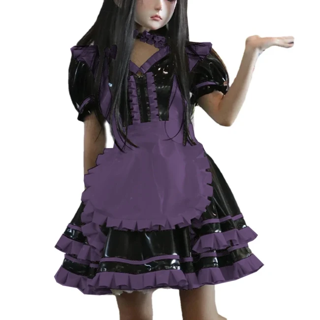 Wetlook PVC Leather Patchwork Lockable Sweet Short Puff Sleeve Lolita Ruffles Mini Maid Dress with Apron Cosplay Unifroms Unisex