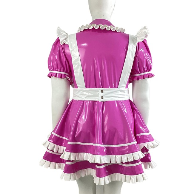 Lolita Short Puff Sleeve Maid Dress with White Apron Halloween Party Cosplay Pleated Maid Uniforms Sissy Shiny PVC Maid Outfits