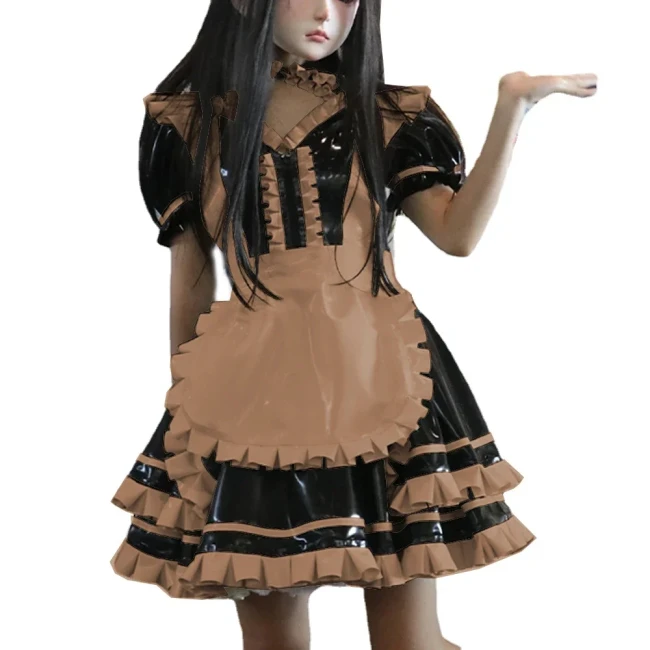 Wetlook PVC Leather Patchwork Lockable Sweet Short Puff Sleeve Lolita Ruffles Mini Maid Dress with Apron Cosplay Unifroms Unisex
