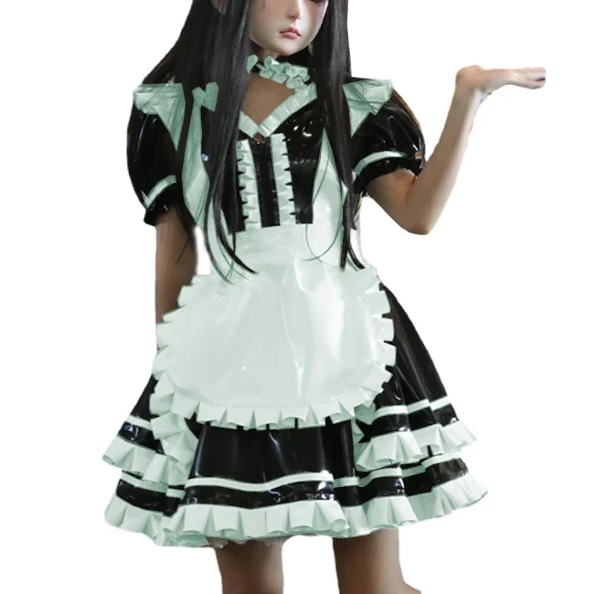 Wetlook PVC Leather Patchwork Lockable Sweet Short Puff Sleeve Lolita Ruffles Mini Maid Dress with Apron Cosplay Unifroms Unisex