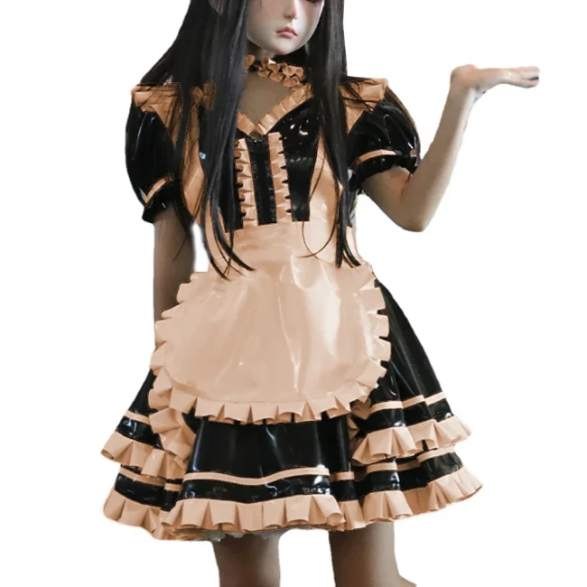 Wetlook PVC Leather Patchwork Lockable Sweet Short Puff Sleeve Lolita Ruffles Mini Maid Dress with Apron Cosplay Unifroms Unisex
