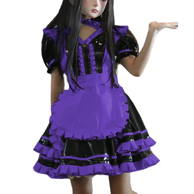 Wetlook PVC Leather Patchwork Lockable Sweet Short Puff Sleeve Lolita Ruffles Mini Maid Dress with Apron Cosplay Unifroms Unisex