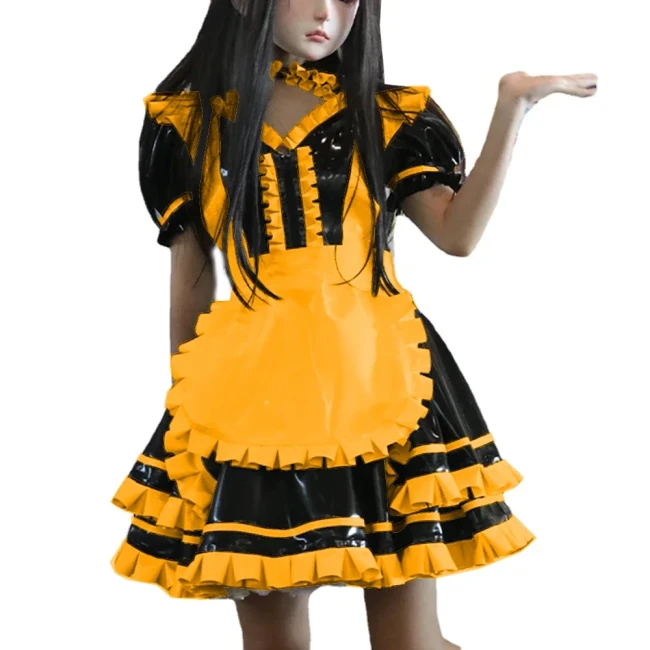 Wetlook PVC Leather Patchwork Lockable Sweet Short Puff Sleeve Lolita Ruffles Mini Maid Dress with Apron Cosplay Unifroms Unisex