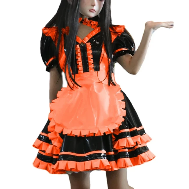 Wetlook PVC Leather Patchwork Lockable Sweet Short Puff Sleeve Lolita Ruffles Mini Maid Dress with Apron Cosplay Unifroms Unisex