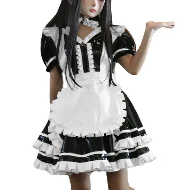 Wetlook PVC Leather Patchwork Lockable Sweet Short Puff Sleeve Lolita Ruffles Mini Maid Dress with Apron Cosplay Unifroms Unisex