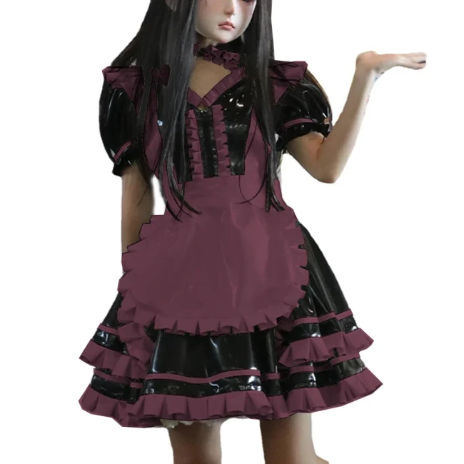 Wetlook PVC Leather Patchwork Lockable Sweet Short Puff Sleeve Lolita Ruffles Mini Maid Dress with Apron Cosplay Unifroms Unisex