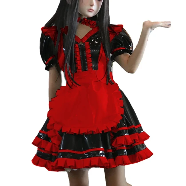 Wetlook PVC Leather Patchwork Lockable Sweet Short Puff Sleeve Lolita Ruffles Mini Maid Dress with Apron Cosplay Unifroms Unisex