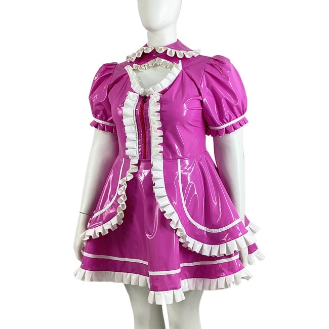 Lolita Short Puff Sleeve Maid Dress with White Apron Halloween Party Cosplay Pleated Maid Uniforms Sissy Shiny PVC Maid Outfits